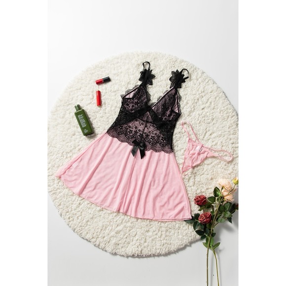 Pink and black Lace Mesh Open Back Babydoll nighty lingerie with panties - Picture 6 of 10